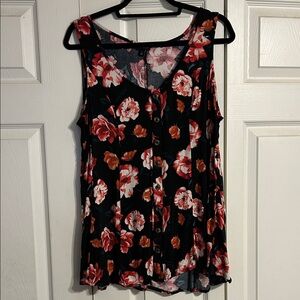 TORRID Size 1X Black Red Floral Button-Down Sleeveless, Blouse Layering Flowy